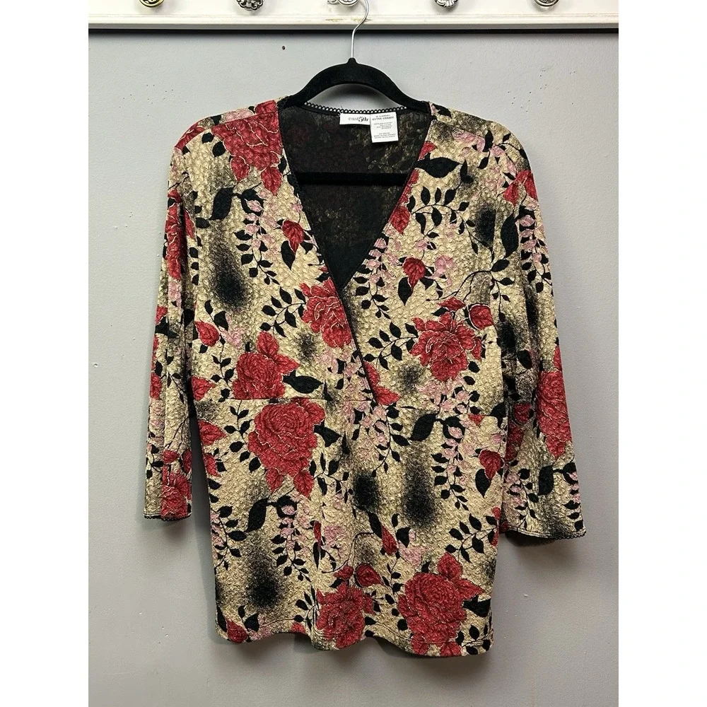 East5th Blouse Womens XL Gold Red Floral Faux Wrap Metallic Textured 3/4 Sleeve - Picture 1 of 8